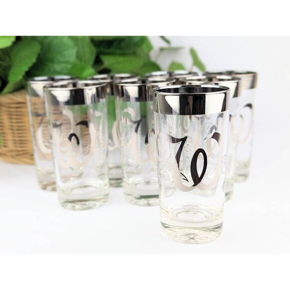 Set of 8 Mid Century Drinkware Mercury Silver Rim Glasses Queen's Lusterware "W" - Picture 1 of 10